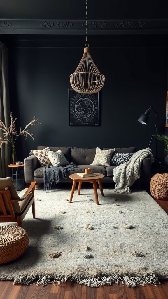 Cozy boho living room with layered textures, including a shaggy rug, wicker lighting, and mixed textiles.
