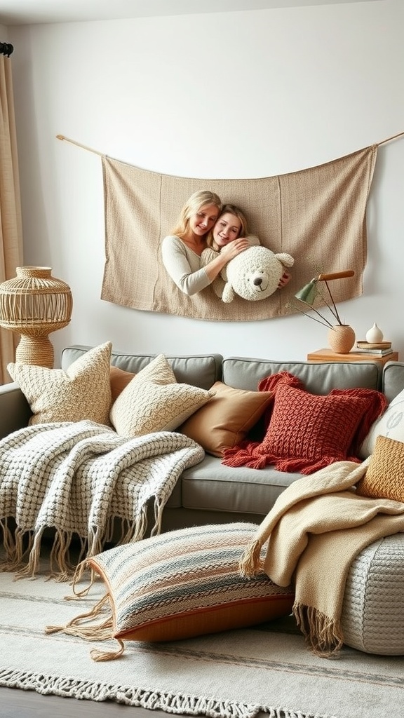 A cozy living room with layered textures, featuring a gray sofa with multiple cushions and throws, a woven wall hanging, and a warm color palette.