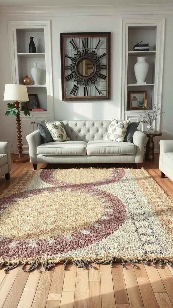 Cozy living room with a large circular patterned area rug and a stylish sofa.