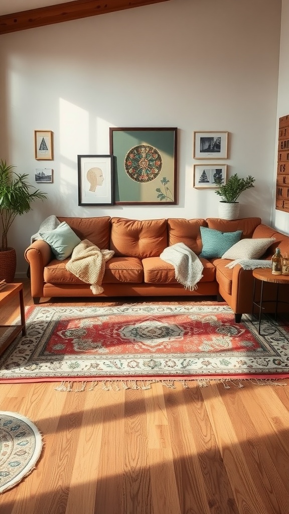 A living room featuring a brown couch layered on a red patterned rug, with decorative pillows and throws.