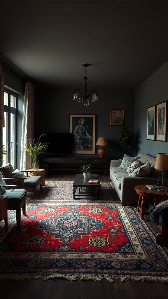 A dark boho living room featuring layered rugs, with a vibrant red area rug on top of a neutral base rug, surrounded by furniture and artwork.