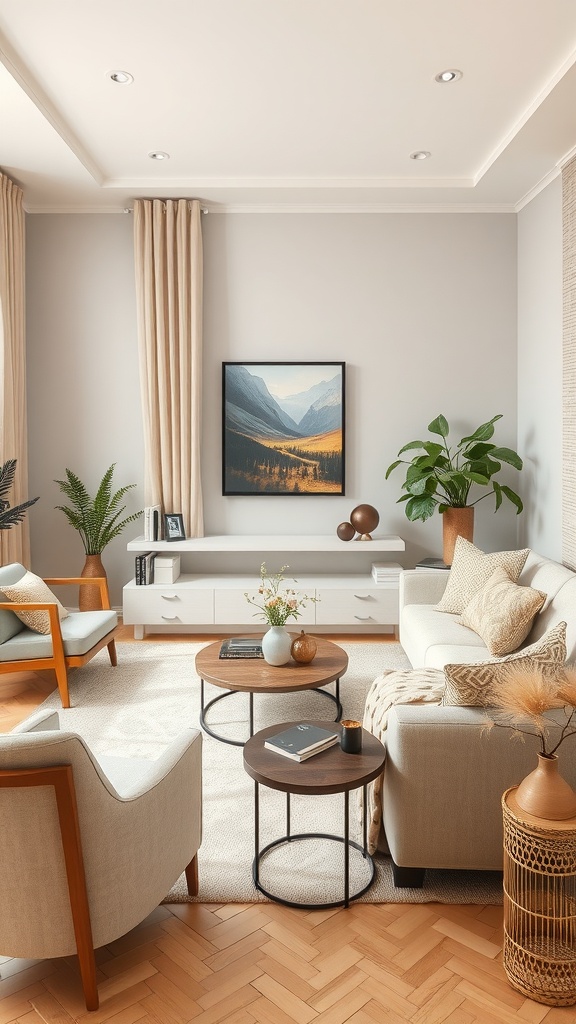 A neutral living room featuring layering shades of beige with light walls, beige furniture, and decorative plants.