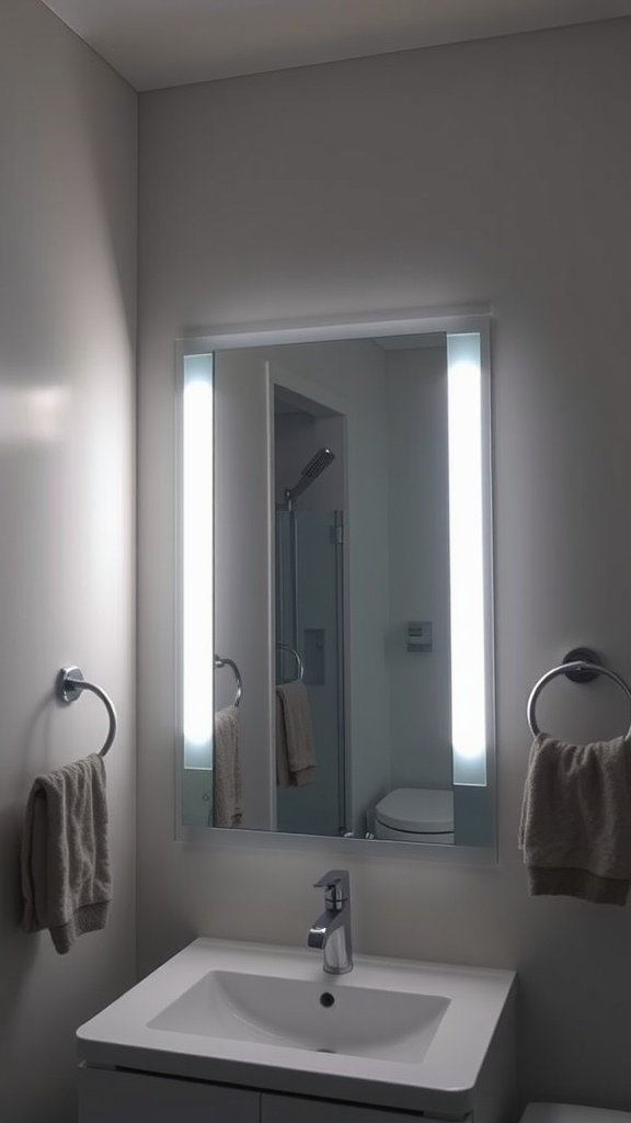 Modern bathroom with LED strip lighting around a mirror
