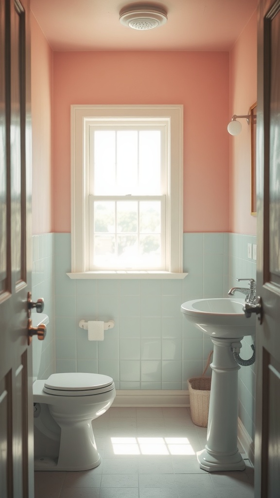 A small bathroom with light pink walls, light blue tiles, and natural light from a window.