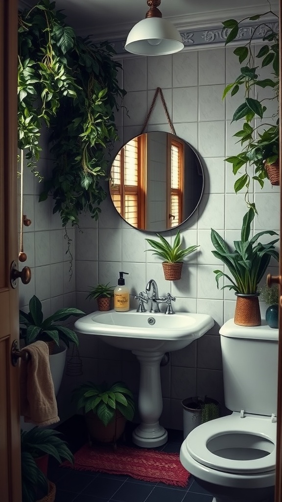 Vintage bathroom featuring lush greenery and plants around a white sink and round mirror.