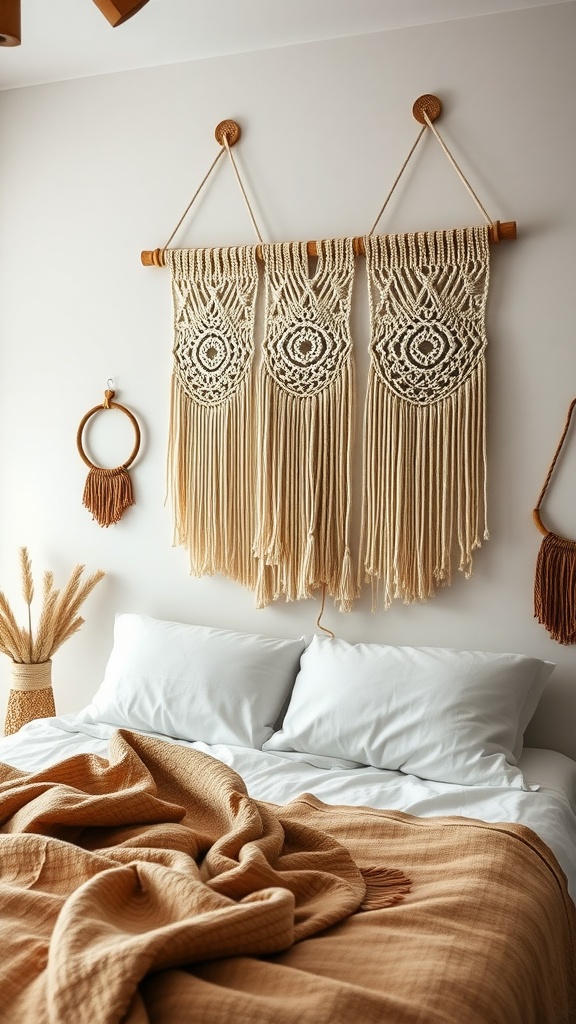 A macramé wall hanging above a bed in a boho farmhouse bedroom, featuring warm bedding and decorative elements.