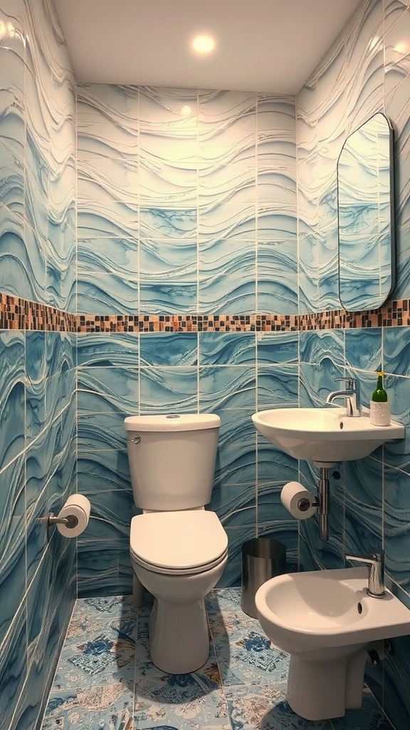 A bathroom with marine-inspired tiles featuring wave patterns in shades of blue.