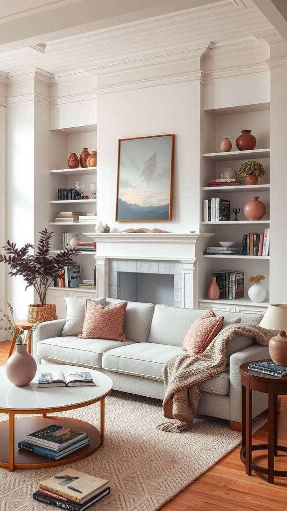 Cozy living room featuring mauve decorative elements on pillows and vases, with a light gray sofa and wooden flooring.