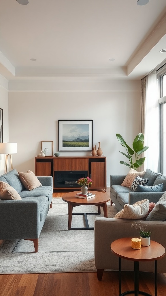 A cozy boho modern living room with two sofas, a coffee table, and a green plant.