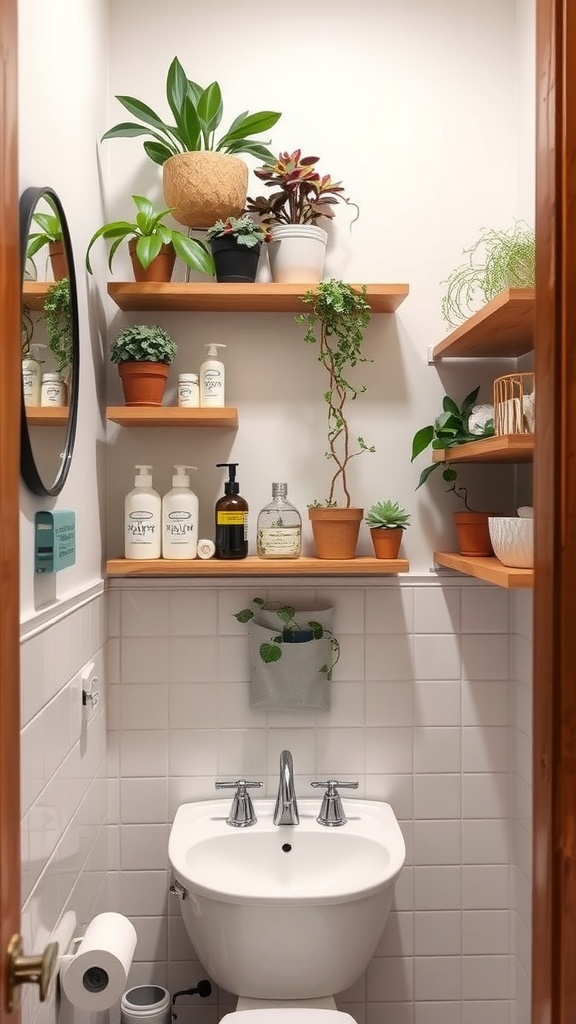 Small bathroom with wooden shelves displaying plants and bathroom essentials.
