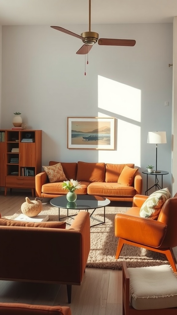 A mid-century modern living room featuring brown couches, a round coffee table, and a bright ceiling fan.