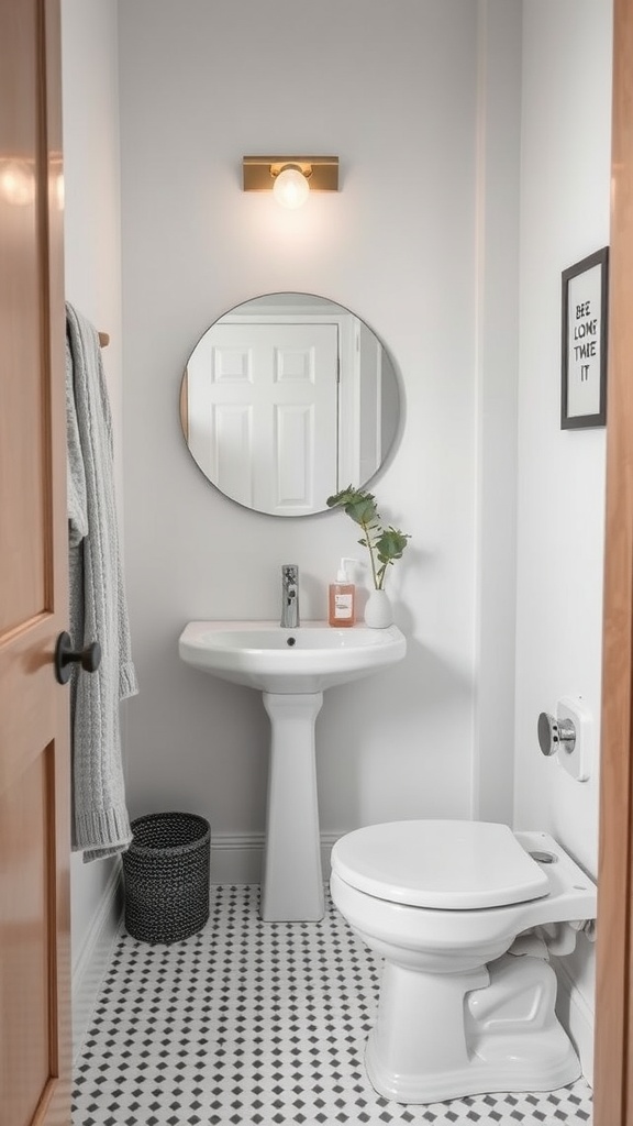 A small, minimalist bathroom featuring a round mirror, simple sink, and stylish black basket.