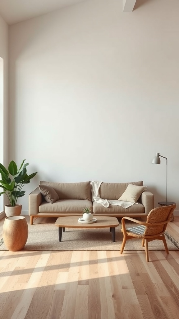 A minimalist living room featuring a beige sofa, wooden coffee table, potted plant, and woven chair, showcasing earth tones.