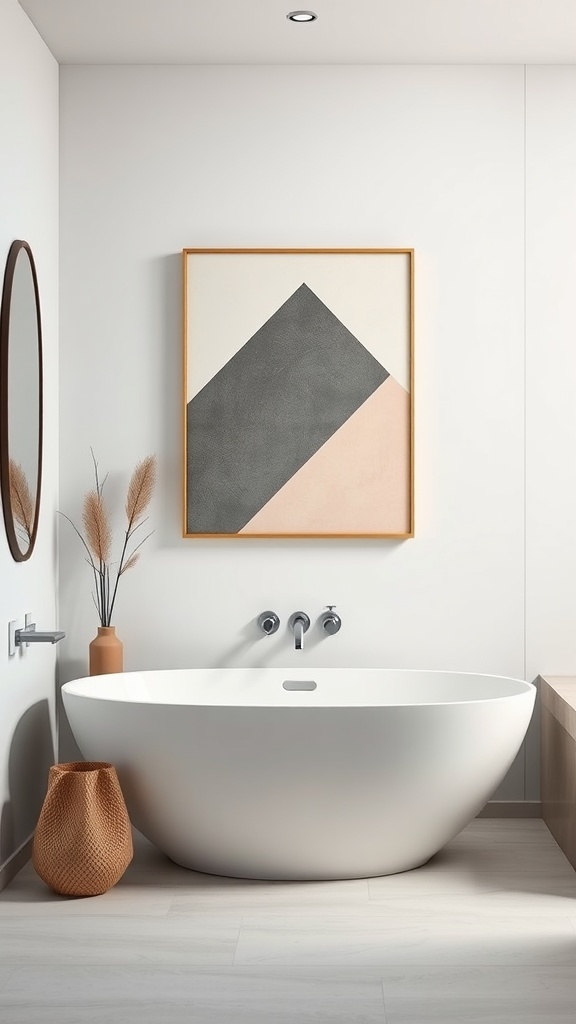 A minimalist bathroom featuring a large geometric artwork above a white bathtub.