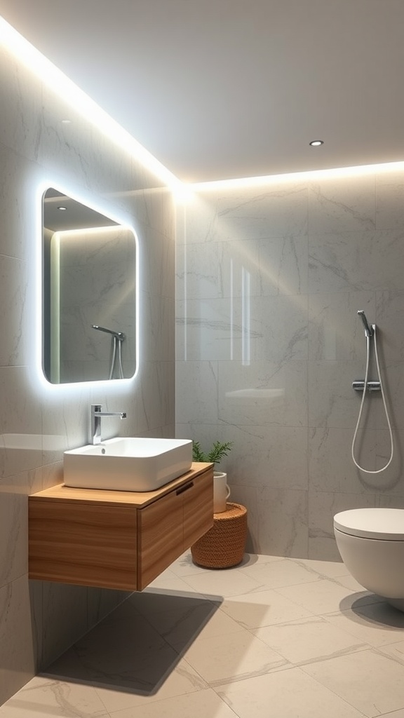 A modern bathroom featuring minimalist LED strip lighting along the mirror and ceiling, highlighting a wall-mounted sink with wooden cabinetry.