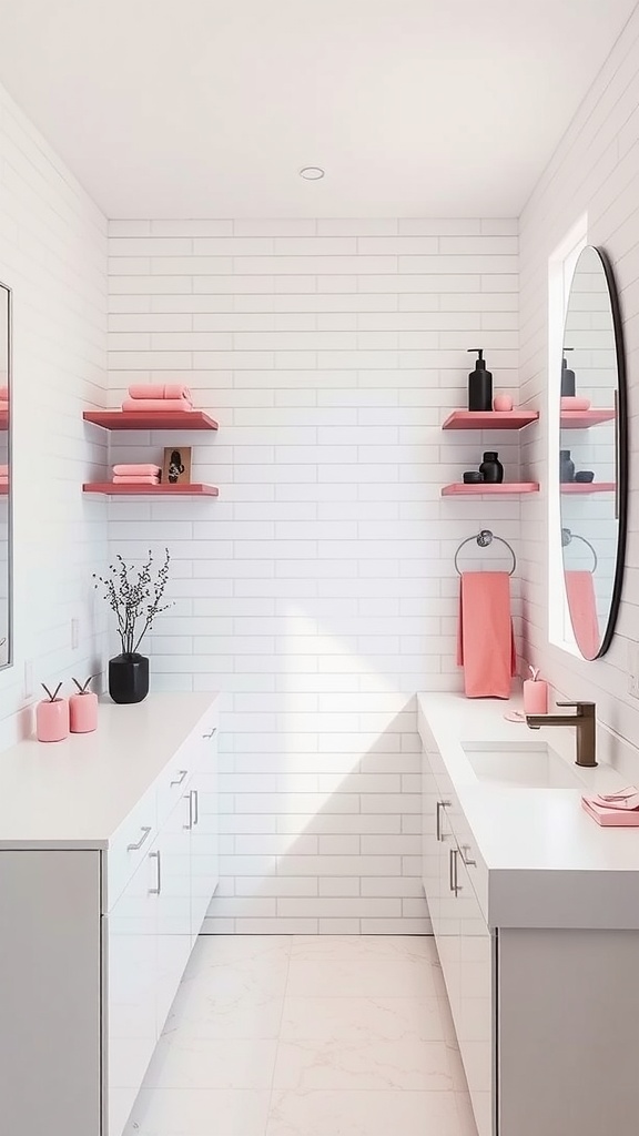 Minimalist bathroom featuring pink and black accessories, white walls, and modern fixtures.