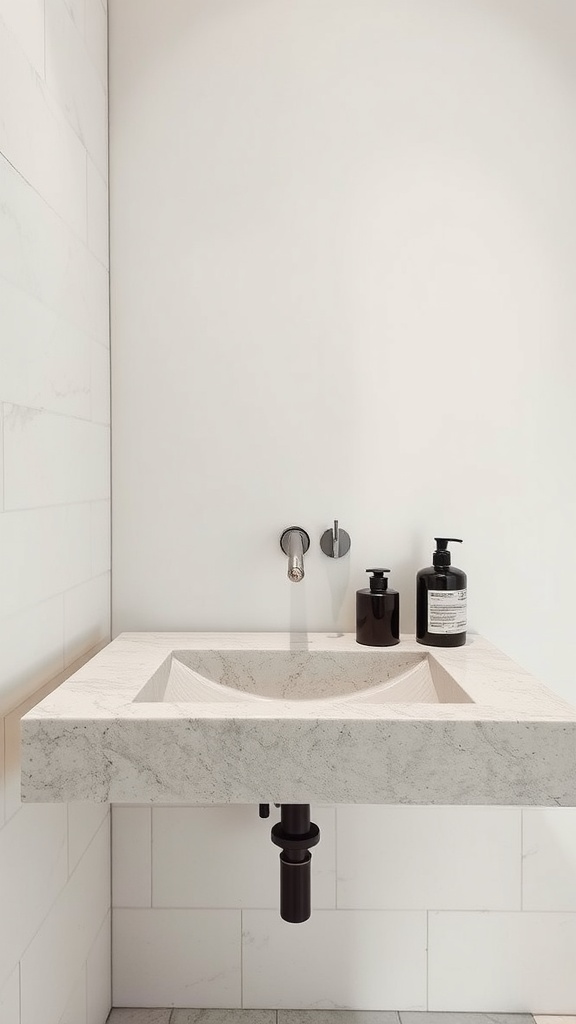 A minimalist bathroom sink made of stone with metal fixtures.