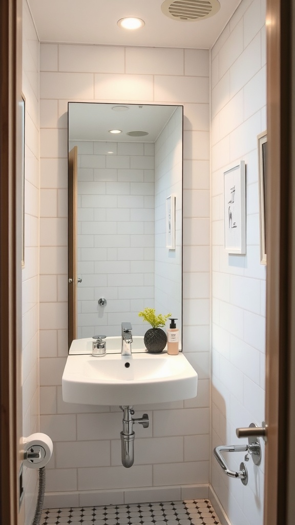 A small bathroom with a modern sink and a large mirror reflecting the space.