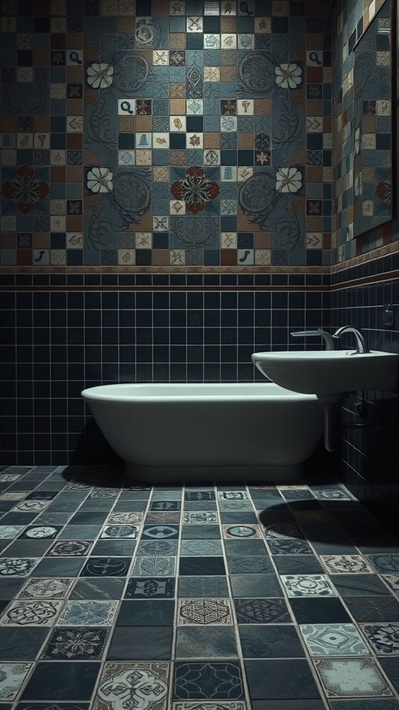 A vintage bathroom featuring mismatched tiles on the walls and floor, showcasing various patterns and colors.