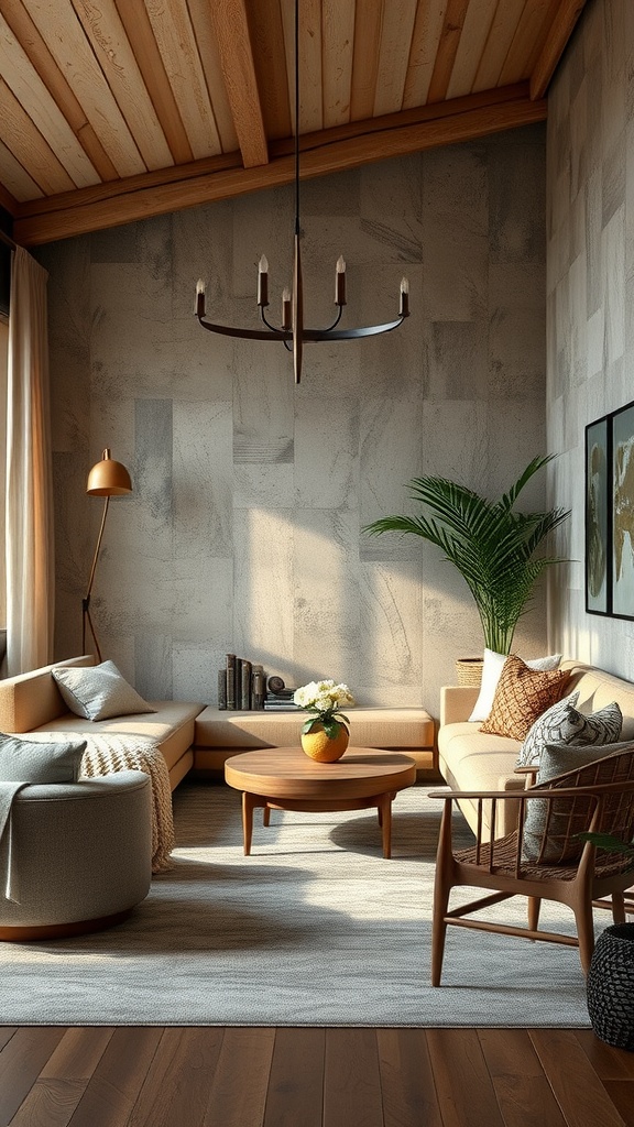 Cozy French country living room with a mix of textures and fabrics, featuring wooden beams, soft sofas, and a round coffee table.