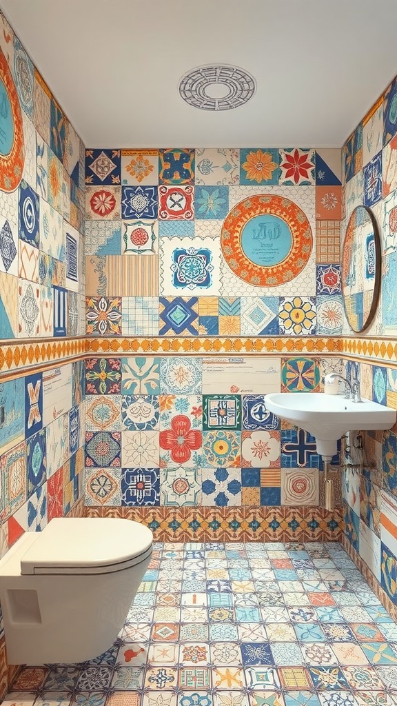 Colorful bathroom with mixed patterned tiles on walls and floor