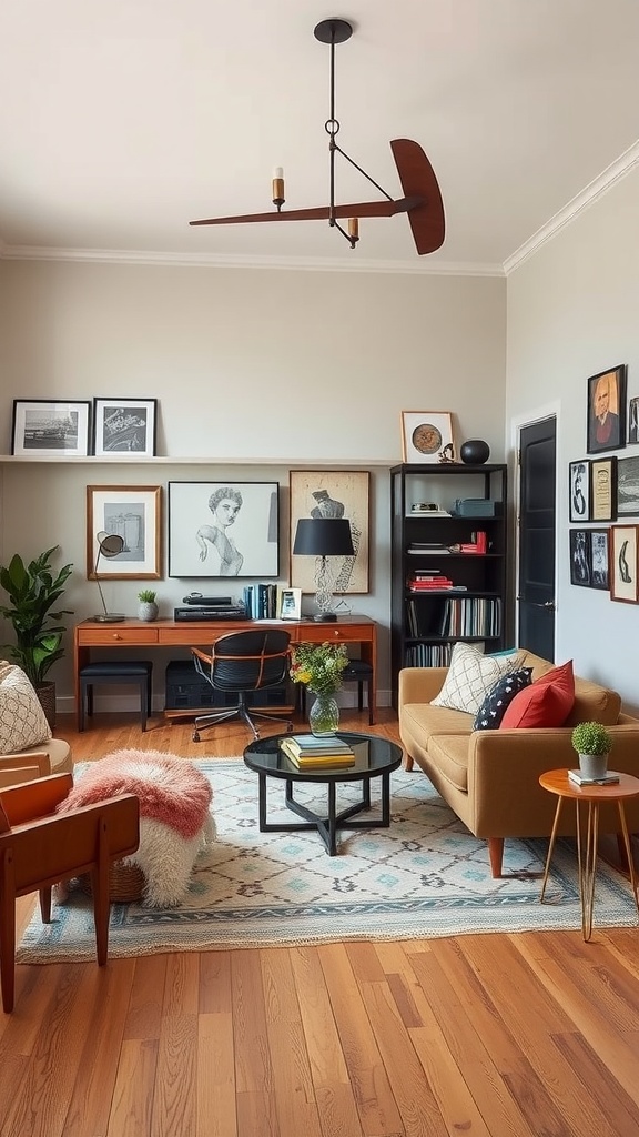 A cozy living room featuring a mix of modern and vintage furniture and decor, showcasing a stylish blend of design elements.