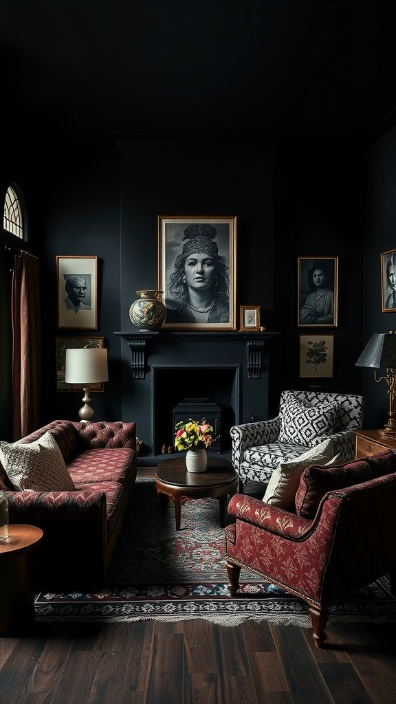 A dark boho living room featuring mixed patterns and textures with red and black sofas, framed artworks, and a cozy atmosphere.