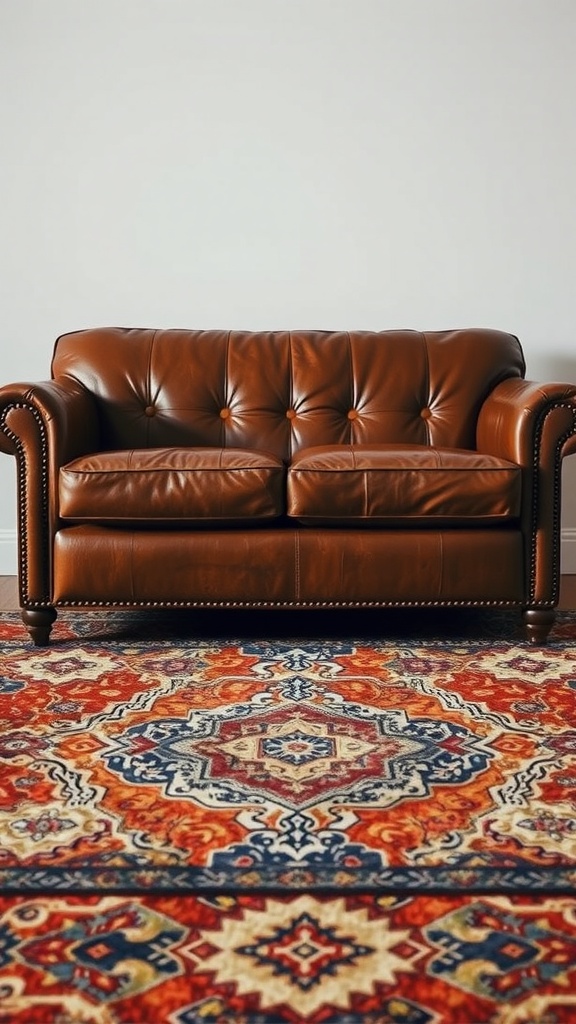 A brown leather couch placed on a colorful patterned rug