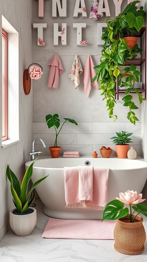 A stylish pink and green bathroom featuring a bathtub, plants, and textured decor.