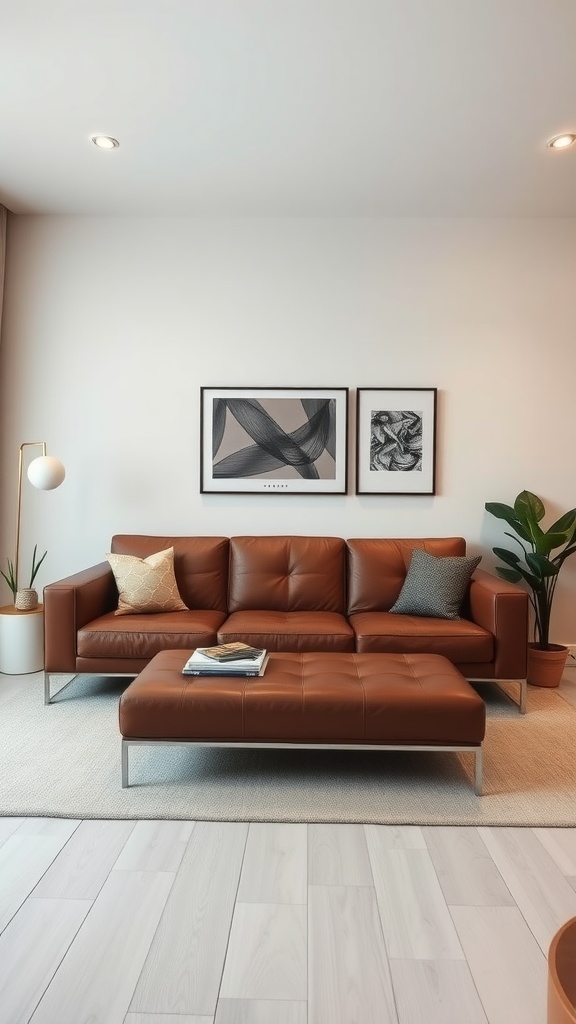 Modern living room featuring a brown leather couch, minimalist decor, and a cozy atmosphere.