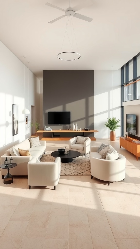 A modern living room with light beige furniture, a central coffee table, and an accent wall
