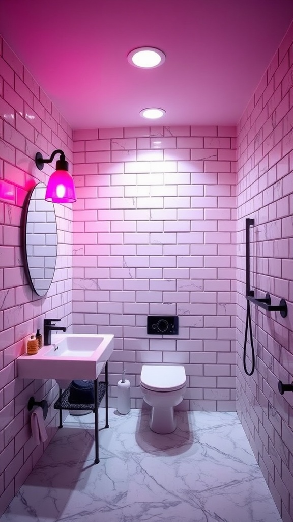 A modern bathroom featuring pink and black lighting with white tiled walls and sleek fixtures.