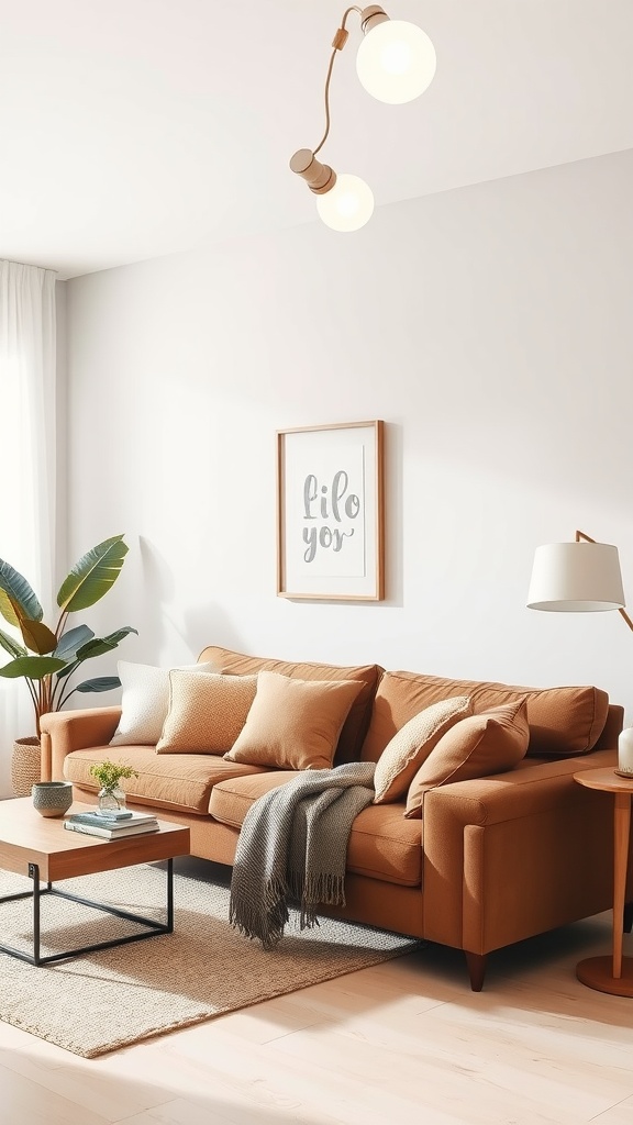Cozy living room with a brown couch, wooden coffee table, and natural light.
