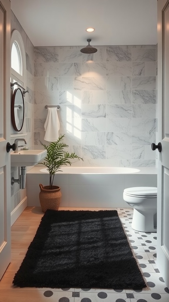 A stylish bathroom featuring a plush black rug on the floor, contrasting with marble walls and light wooden flooring.