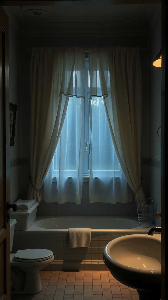 A vintage bathroom with soft drapes and warm mood lighting