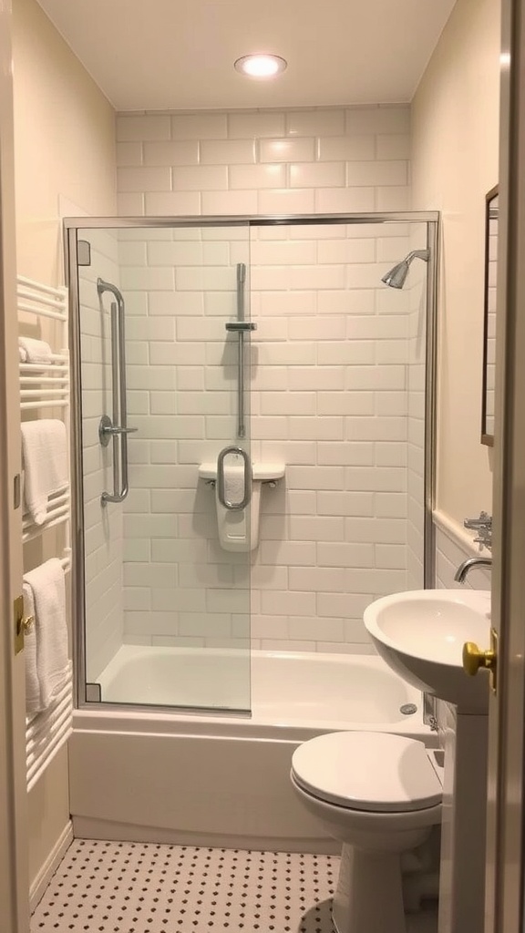 A small bathroom featuring a shower-bath combo, glass door, white tiles, and towel rack.