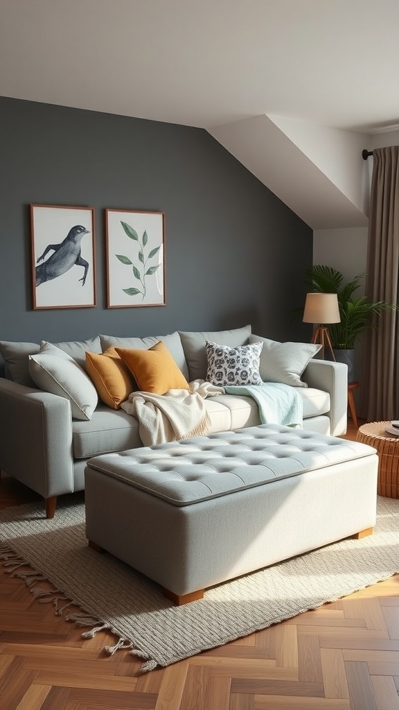 Cozy living room with a light sofa, colorful cushions, a tufted ottoman, and wall art.