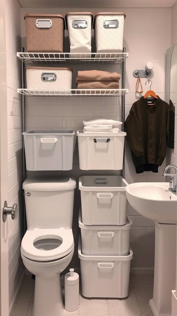 A well-organized college bathroom with multifunctional storage bins on shelves.