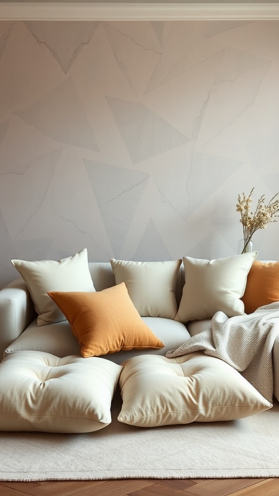 A cozy living room featuring a pastel-colored couch with cushions and a textured wall behind it.