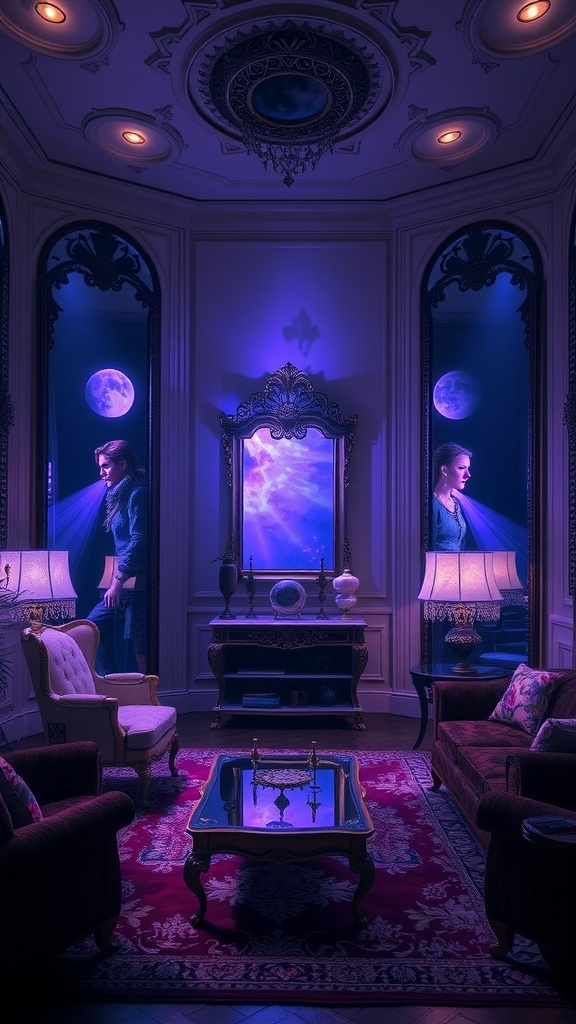 A witchy living room with mysterious mirrors, soft lighting, and an elegant atmosphere.