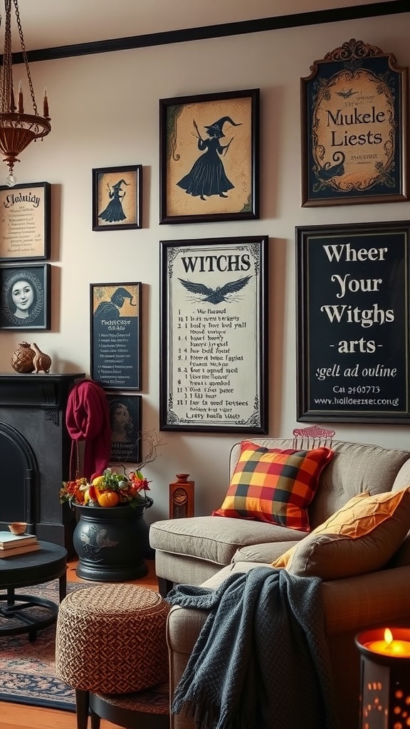 A witchy living room filled with mystical wall art, featuring witches and whimsical designs.