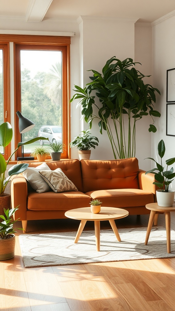 Cozy living room with a brown couch and various plants by the window