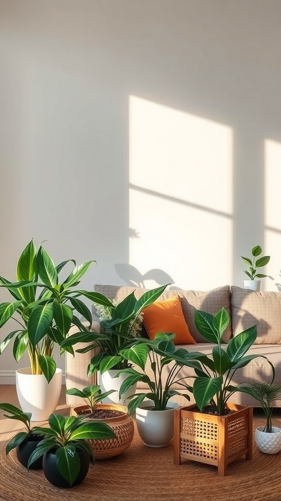 Living room with various indoor plants arranged around a cozy sofa, showcasing natural elements.