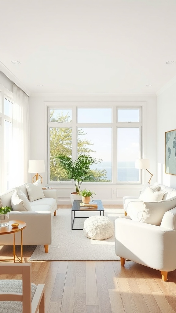 A bright living room with large windows, white furniture, and a potted plant
