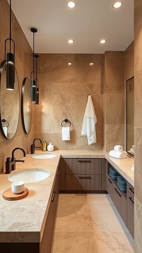 A modern bathroom featuring natural stone countertops, wooden cabinetry, and elegant lighting.