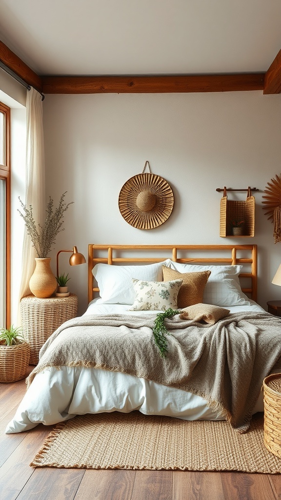 Cozy boho farmhouse bedroom with natural textures and earthy tones, featuring a wooden bed, woven baskets, and plants.