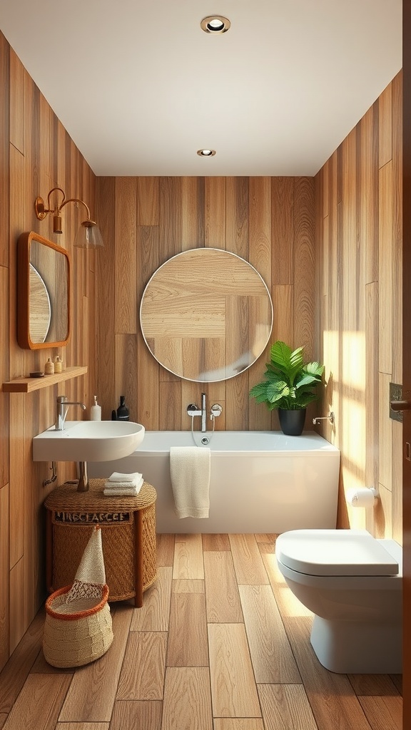 A stylish bathroom featuring natural wood-look tiles, a white bathtub, and modern fixtures.