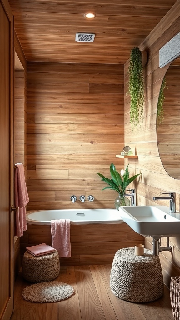 A cozy bathroom with natural wood paneling, featuring a white bathtub, a modern sink, and soft pink accents.