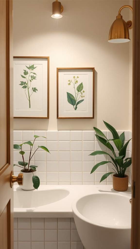 Bathroom featuring nature-inspired botanical prints and houseplants
