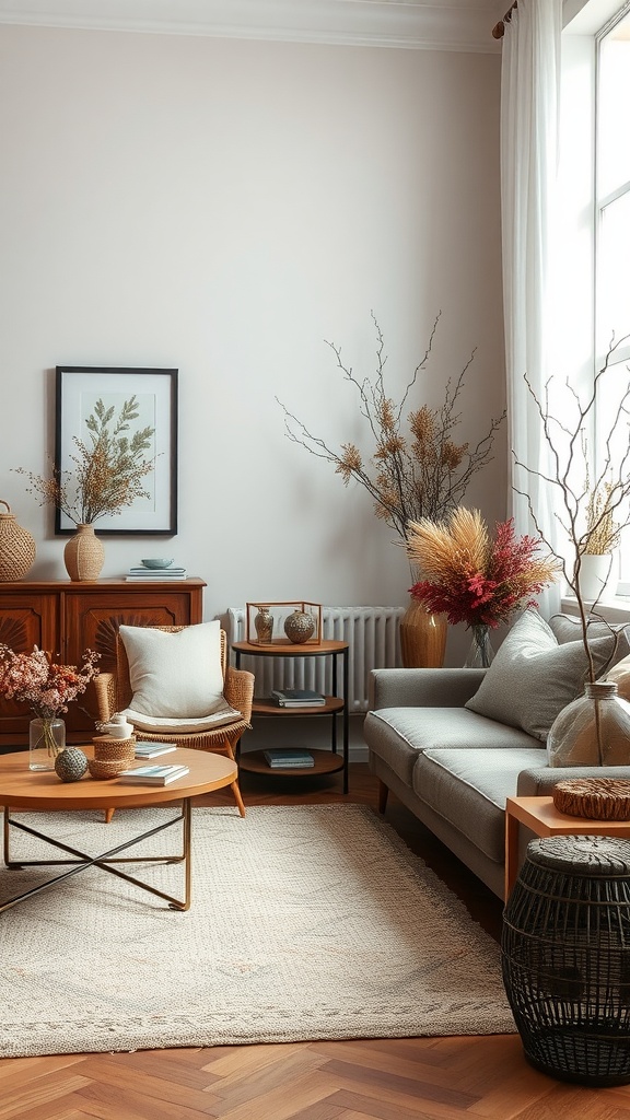 Cozy living room with nature-inspired decor featuring dried flowers, wooden furniture, and soft textures.